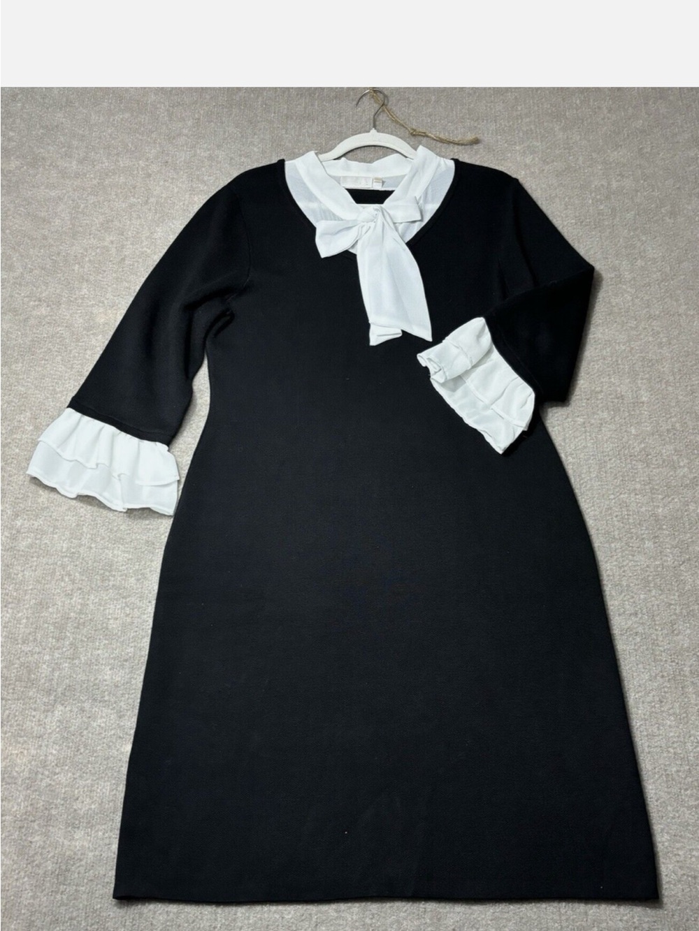 NINA LEONARD Pencil Sweater Dress 3X Black White Bow Tie Neck Ruffle